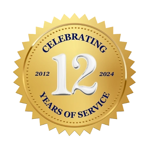 A gold seal that says celebrating 1 2 years of service.